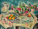 Gerhard Batha, Still Life with Flowers, Jug and Fruit, oil on canvas