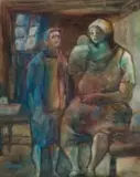 Amos Langdown, Two Figures and a Baby in an Interior, oil on canvas laid down on board