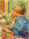 Adriaan Boshoff, Woman in a Restaurant, watercolour on card