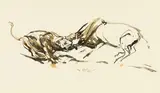 Lion Hunt by Zakkie Eloff, ink and watercolour on paper, sold Aug 2024