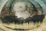 Gordon Vorster, Landscape with Wildebeest, watercolour on paper