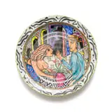 Clementina van der Walt, Charger with street scene and couple, hand-painted and glazed ceramic with silver gilt decoration