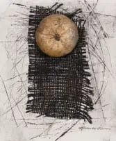 Abstract Collage with Fruit by Hannes Harrs, mixed media with found objects, offered Aug 2024