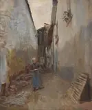 Frans Oerder, Figure in Alley, oil on canvas laid down on board