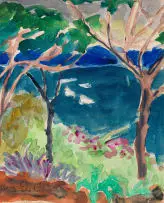 View of the Sea through Trees by Alice Elahi, watercolour and pencil on paper, sold Jul 2024