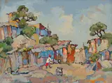 Pondokkies en Vuilisblik 'Crossroads' Kaap by Gregoire Boonzaier, oil on board, sold Jul 2024