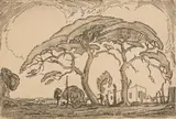 Jacobus Hendrik Pierneef, Camel Thorn and Voortrekker House, etching on paper
