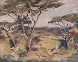 Trees in a Landscape by Walter Battiss, oil on canvas, sold Jul 2024