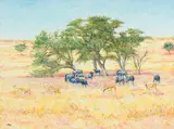 Landscape with Wildebeest and Impala by Zakkie Eloff, oil on canvas, sold Jul 2024