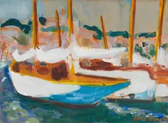Boats in a Harbour by Alice Elahi, watercolour and gouache on card, sold Jul 2024