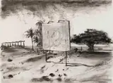 William Kentridge, Landscape with Billboard, charcoal on paper