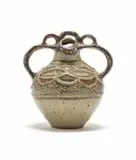 Rorke's Drift Lephina Molefe, Double-spouted vessel with decorative handle and relief decoration, 1980, painted and incised reduction stoneware