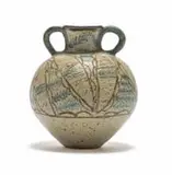 Elizabeth Mbatha, Double-handled vessel with leaf motif, 1981, painted and incised reduction stoneware