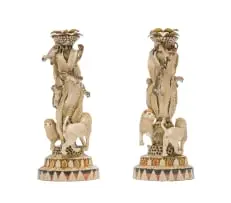 Candlesticks with lions and vervet monkeys, two by Ardmore Ceramic Studio, hand-painted and glazed ceramic, sold Jul 2024