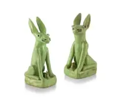 Green rabbits, two by Nico Masemola, hand-painted and glazed ceramic, sold Jul 2024