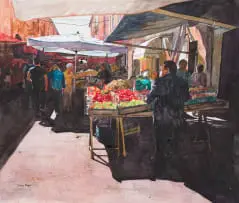 Denby Meyer, Market Day, watercolour on artist's board