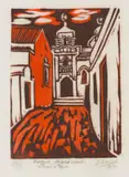 Peter Clarke, Mosque, Alfred Lane, Simon's Town, woodcut on tissue paper