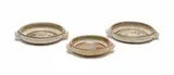 Tim Morris, Double-handled bowls with abstract floral motif, three, reduction stoneware with celadon glaze