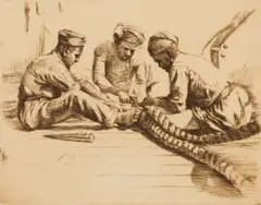 Dorothy Kay, Lascars Splicing Rope, etching on paper