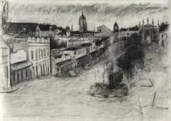 Helen Timm, A view down Bathurst Street, Makhanda, charcoal on paper