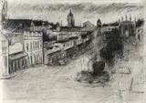 Helen Timm, A view down Bathurst Street, Makhanda, charcoal on paper