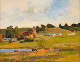 Farm with Horses by Errol Boyley, oil on card, offered Jul 2024