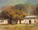 Two Figures near a Farm Building by Errol Boyley, oil on board, sold Jul 2024