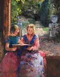 Two Girls Reading by Mari Vermeulen-Breedt, oil on canvas, offered Jul 2024