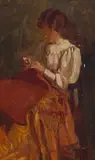 Frans Oerder, Die Naaldwerkster (The Seamstress), oil on board