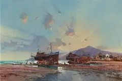 Gerrit Roon, Shipyard, oil on artist's board