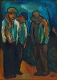 Kenneth Baker, Three Men with Hats, oil on board