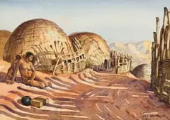 Nils Andersen, Mother and Child Alongside Huts, watercolour on paper