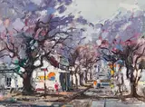 Wessel Marais, Street Scene with Flowering Jacarandas, oil on canvas laid down on board