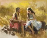 Two Girls in a Field by Mari Vermeulen-Breedt, oil on canvas, sold Jul 2024