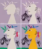 Yellow Head with Birds, four by Walter Battiss, colour screenprints on paper, sold Jul 2024