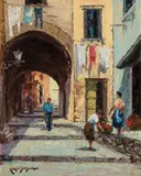 Carlo Sdoya, European Street Scene, oil on board