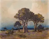 Nita Spilhaus, Trees in a Landscape, oil on board