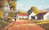 Adriaan Boshoff, Farmhouses along a Roadway with Cattle, oil on board