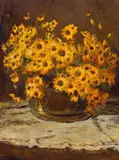 Adriaan Boshoff, Yellow Daisies in a Copper Pot, oil on canvas laid down on board