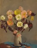 Nita Spilhaus, Poppies in a White Vase, oil on board