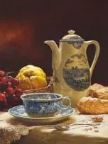 Douw van Heerden, A Blue and White Coffee Pot and Quince, oil on canvas