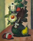Pranas Domšaitis, Still Life with Flowers in a Vase and Fruit (recto); Children Dancing (verso), oil on board