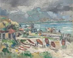 George Enslin, The Old Harbour, Hermanus, oil on board