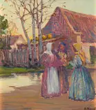 Three Women in Conversation by Hugo Naude, oil on board, offered Jun 2024