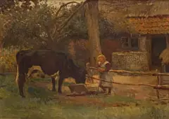 Farmyard Scene (Girl and Dairy Cow) by Frans Oerder, oil on canvas, offered Jun 2024