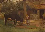 Frans Oerder, Farmyard Scene (Girl and Dairy Cow), oil on canvas