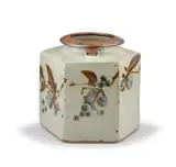 Tim Morris, Hexagonal glazed stoneware vase with a brown and blue floral motif