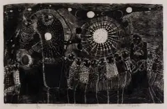 Dan Rakgoathe, Moon Bride and Sun Bridegroom, woodcut on onion skin paper