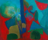Untitled (Organic Abstract with Red and Blue) by Lettie Gardiner, oil on canvas, offered Jun 2024
