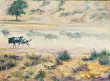 Wildebeest Running in a Grassy Landscape by Zakkie Eloff, oil on canvas, offered Jun 2024